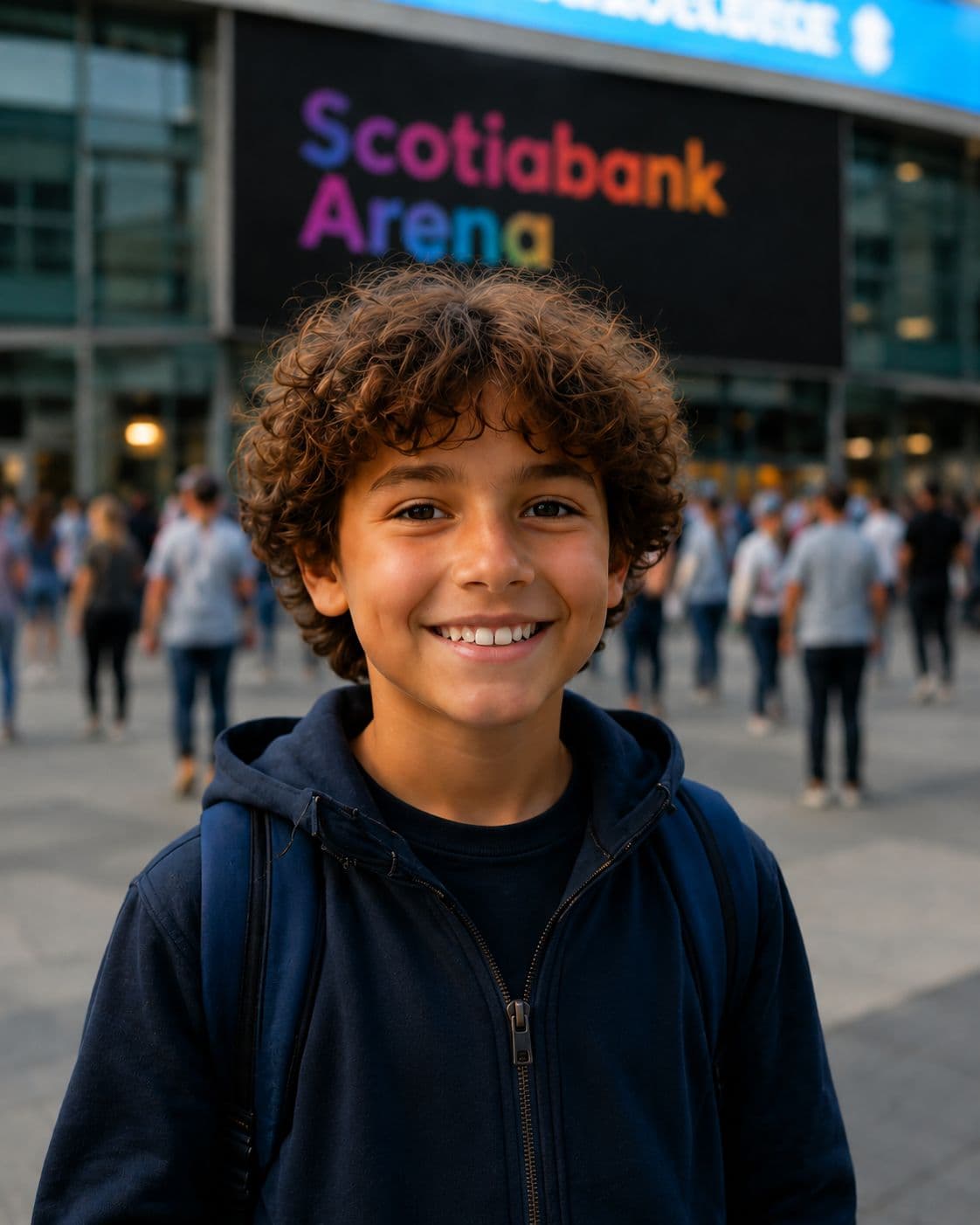 Boy smiling in front of Scotiabank Arena